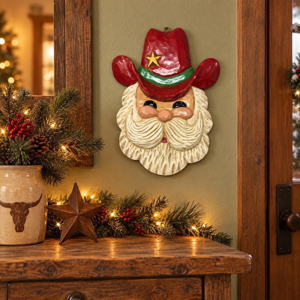 tg RAZ Imports Santa Wall Plaque Red Cowboy Hat 1992 Western Christmas 10"